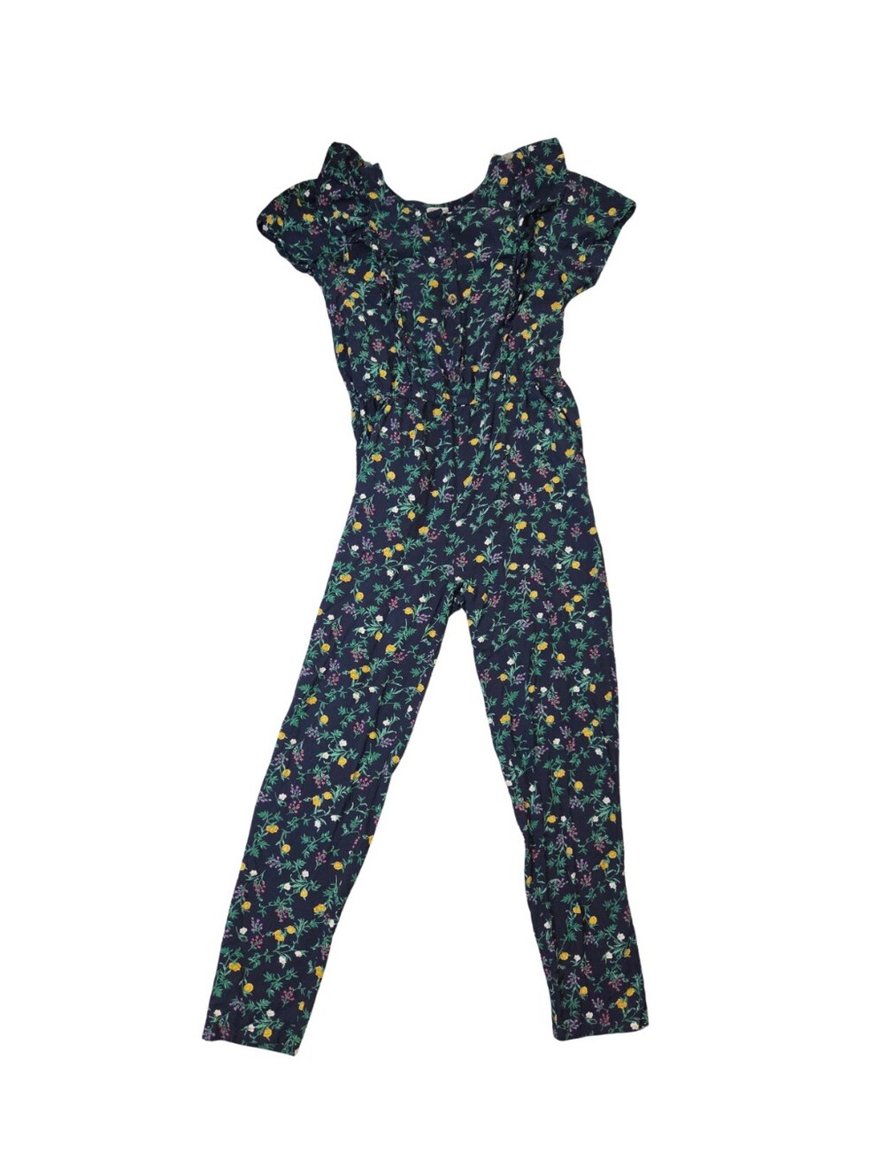 Lucky Brand Floral Jumpsuit Girls XL 16 Blue Ruffle Long Cruise Vacation Pockets